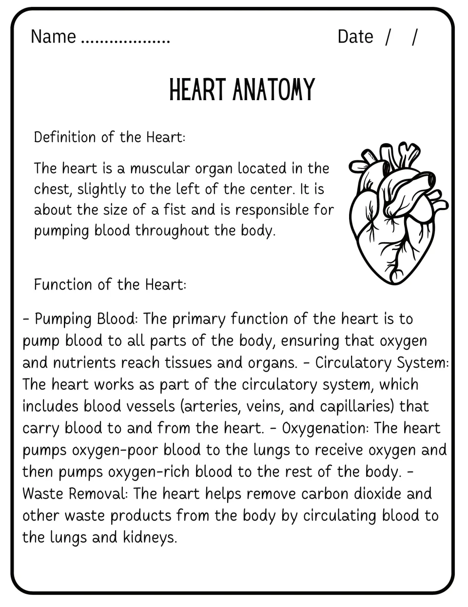 Heart anatomy reading: defines the heart and explains pumping blood, oxygenation and waste removal, with a heart drawing