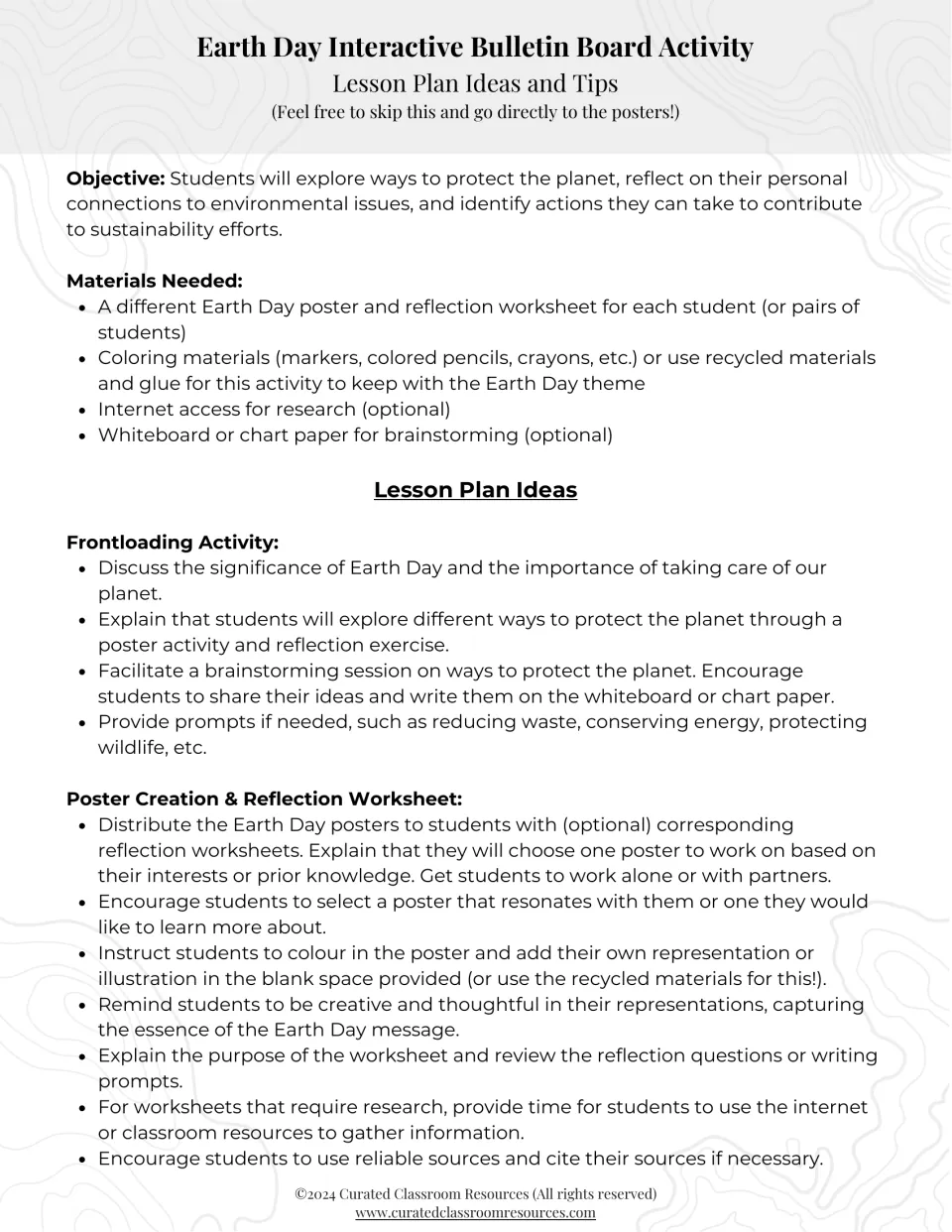 Lesson plan ideas: objective, materials list, a frontloading brainstorm and steps for poster creation and reflection