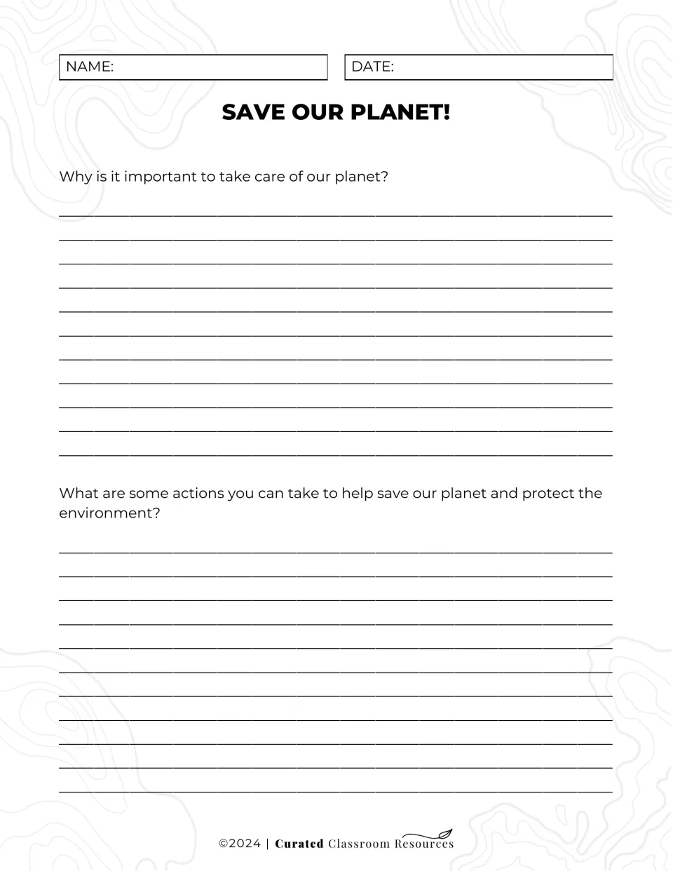 Save Our Planet! reflection: students write why caring for the planet matters and which actions protect the environment