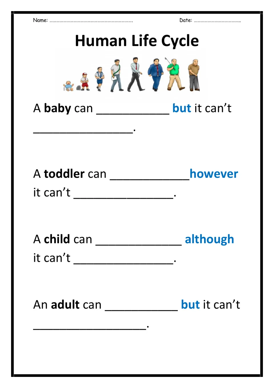 Human life cycle stages: students complete can/can't sentences for a baby, toddler, child and adult using but and although