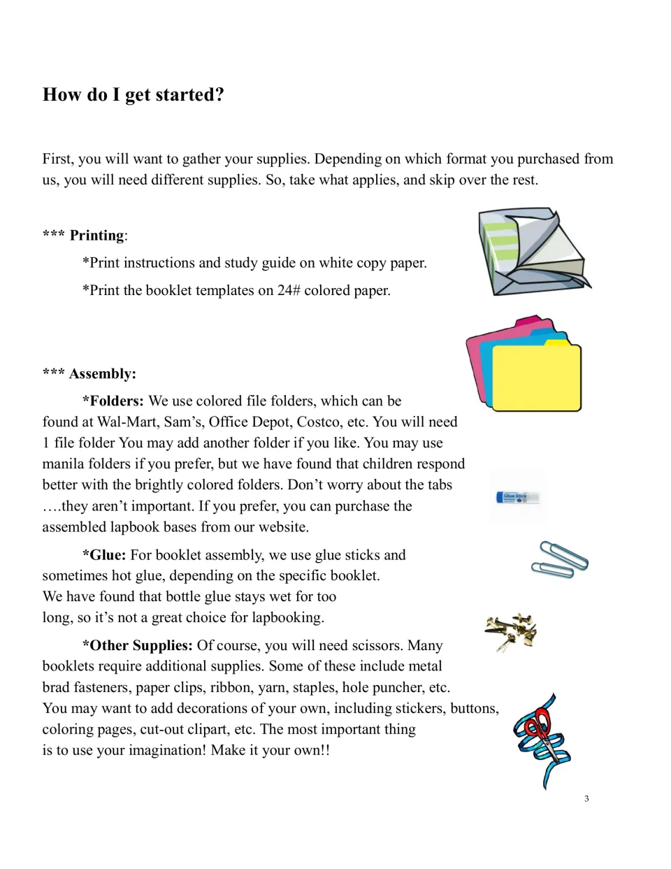 Lapbook supply instructions covering white and colored printing paper, file folders, glue, and scissors