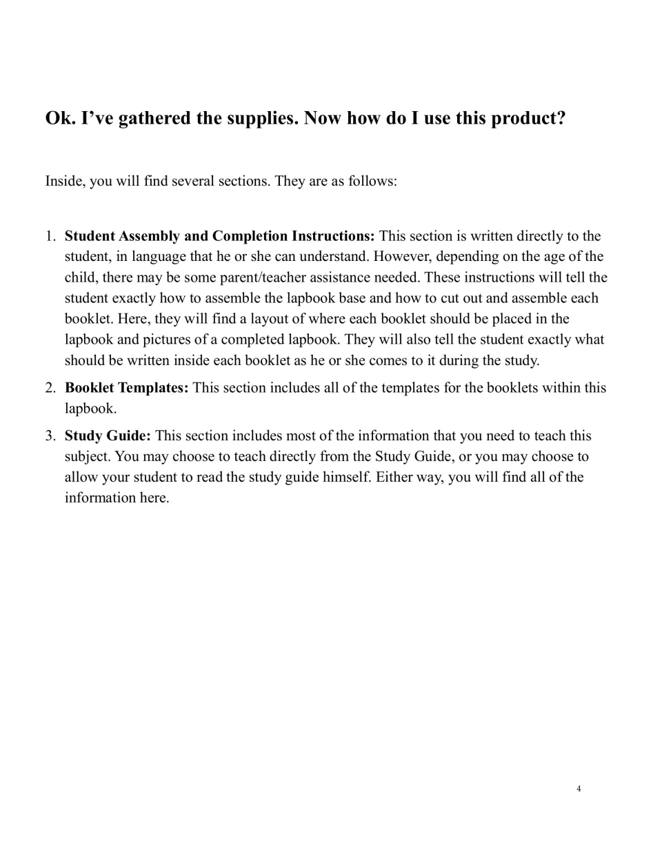 Lapbook overview explaining the student assembly and completion instructions, booklet templates, and study guide