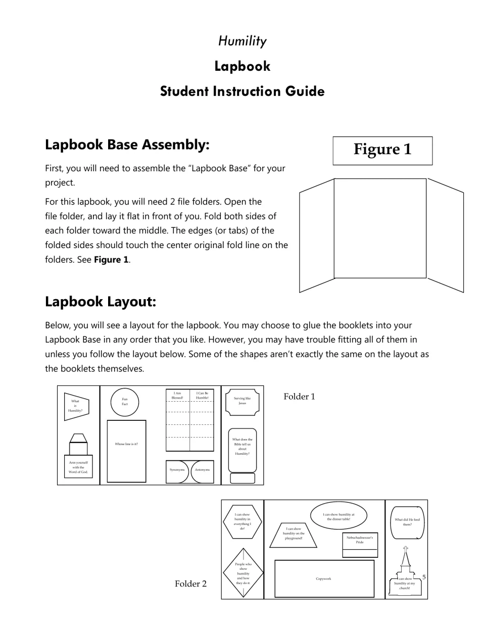 Lapbook base instructions showing how to fold two file folders and where to place booklets in each folder