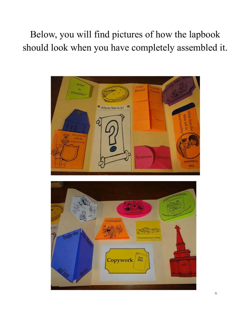 Completed lapbook reference photos showing booklet placement in both folders, including Copywork and Serving like Jesus