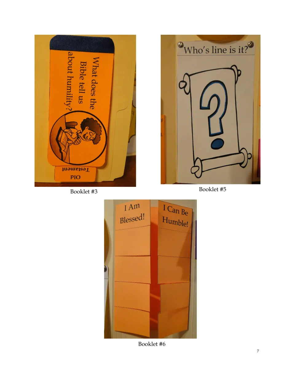 Assembly reference photos for booklets 3, 5, and 6: Bible teachings, matching speakers, and blessings and humility