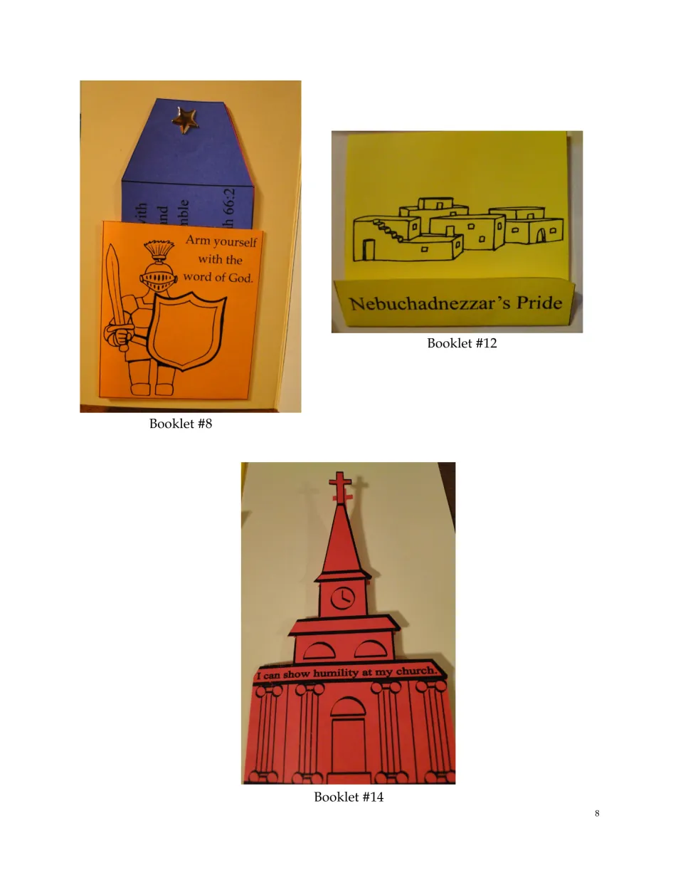 Assembly reference photos for booklets 8, 12, and 14: God’s word, Nebuchadnezzar’s pride, and humility at church
