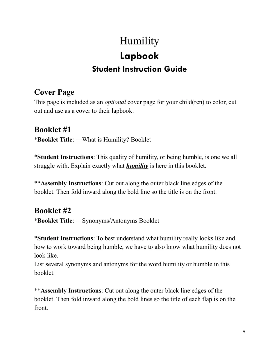 Student instructions for the optional cover and booklets 1–2: define humility and list synonyms and antonyms