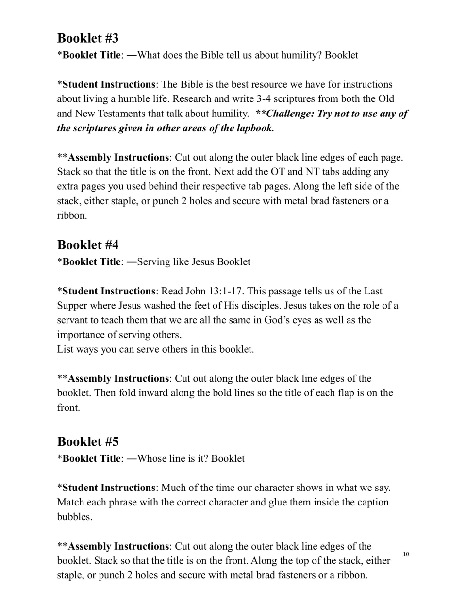 Instructions for booklets 3–5: find humility scriptures, read John 13:1–17, and match phrases to characters