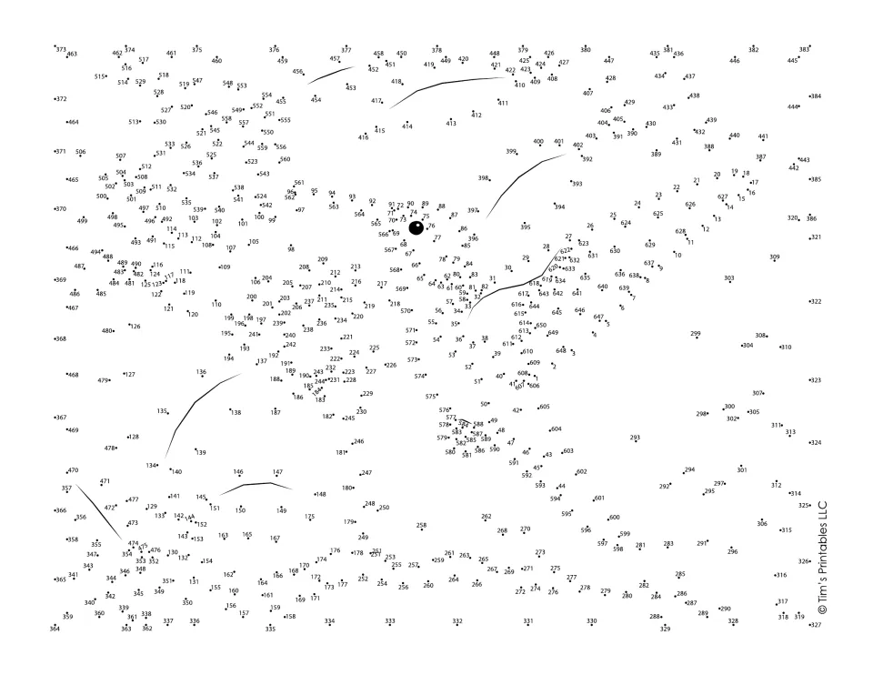 Hummingbird dot-to-dot: students join numbered dots in order, 1 to over 600, to reveal a bird among leaves and flowers