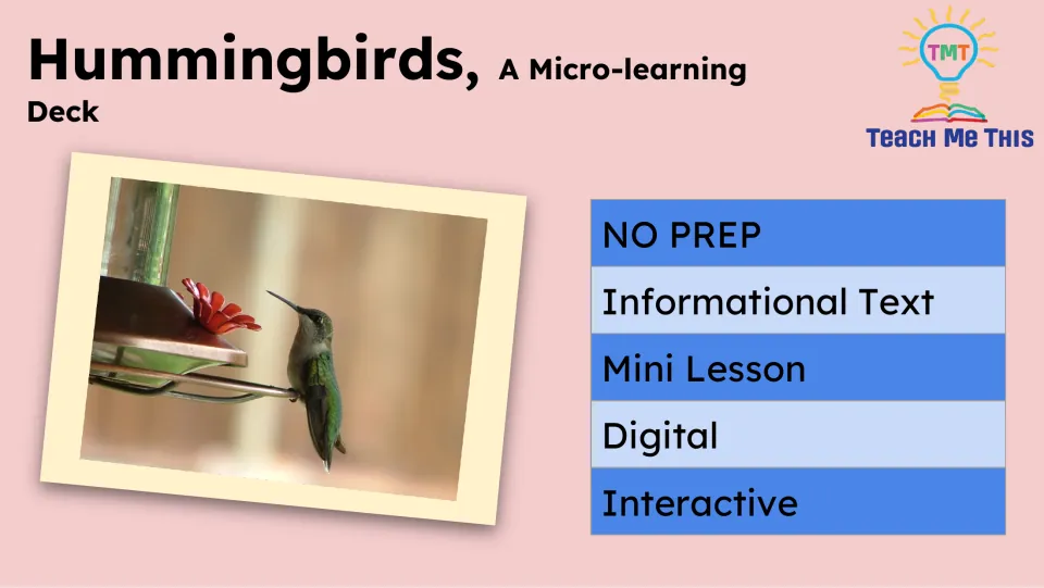 Cover introduces the hummingbird micro-learning deck as a digital, interactive mini lesson with informational text.