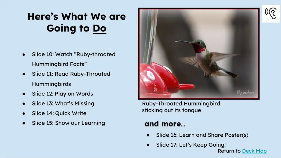 Activity preview lists slides 10–17: watch, read, Play on Words, What's Missing, Quick Write, and three more activities.