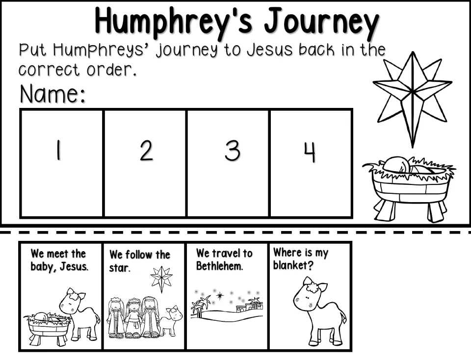 Humphrey's Journey sequencing activity: order four cards about a blanket, Bethlehem, the star, and baby Jesus