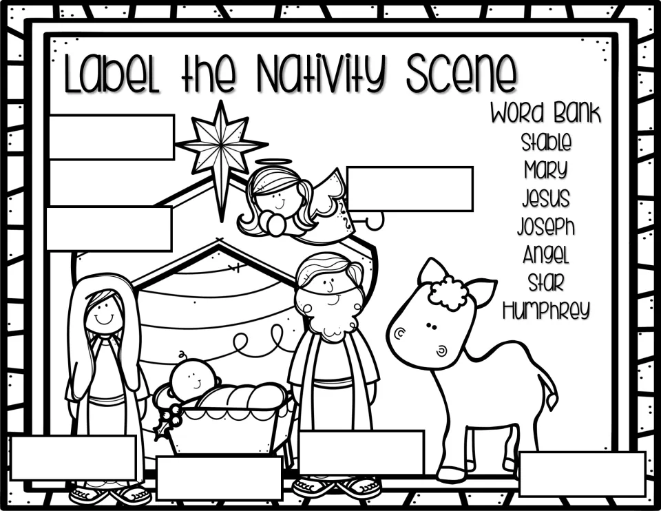 Nativity labeling activity using seven words: stable, Mary, Jesus, Joseph, angel, star, and Humphrey