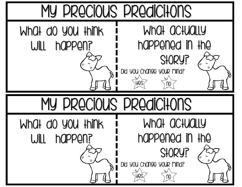 Two identical prediction slips ask what will happen, what actually happened, and whether the reader changed their mind