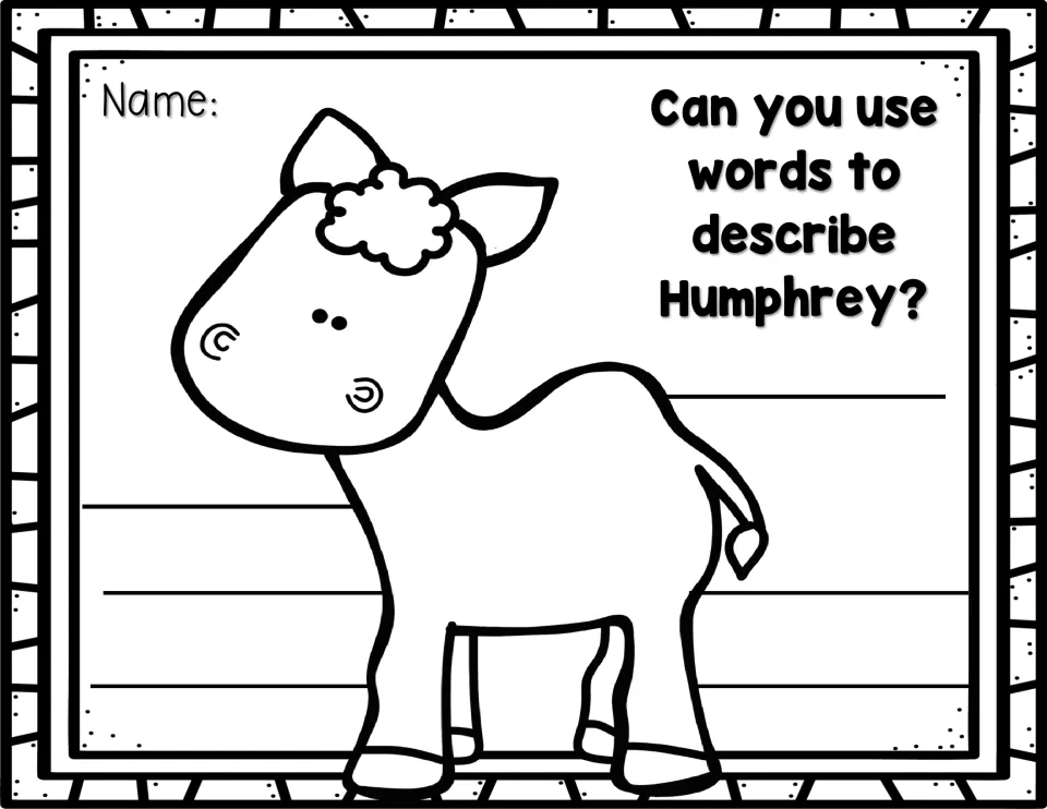Character description activity asks students to use words to describe Humphrey, the camel from the story