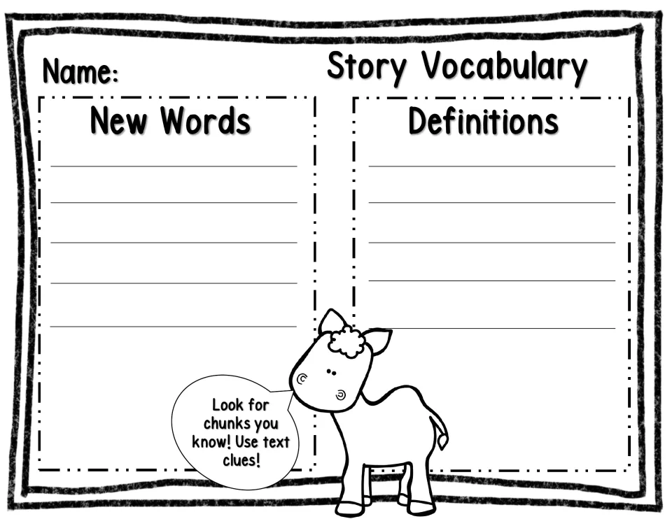 Story Vocabulary recording activity pairs new words with definitions and prompts readers to use chunks and text clues