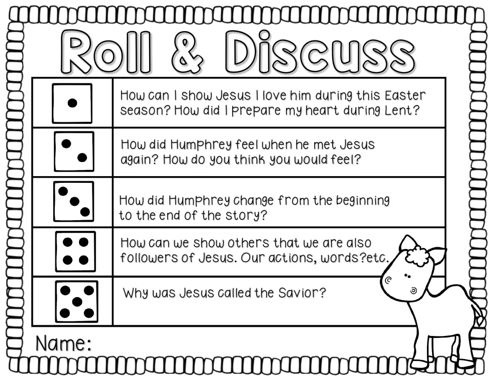 Roll & Discuss activity offers five questions about Lent, Humphrey's feelings and change, and following Jesus