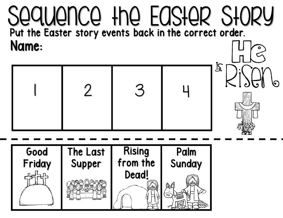 Easter sequencing cutouts show Good Friday, the Last Supper, rising from the dead, and Palm Sunday to put in order