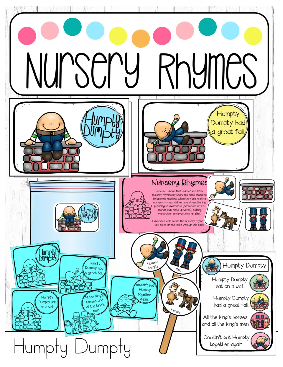 Nursery Rhymes cover for Humpty Dumpty showing a mini book, rhyme chart, stick puppets, magnet pieces and a parent note