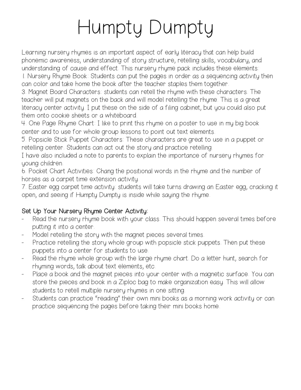 Teacher notes for the Humpty Dumpty pack listing mini book, magnet pieces, rhyme chart, puppets and center setup steps
