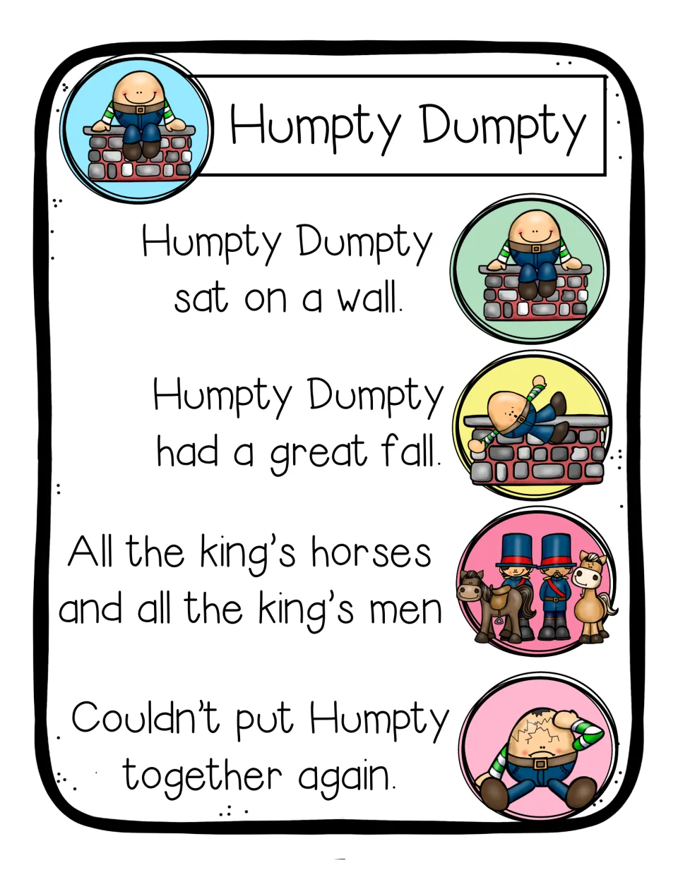 Full-color Humpty Dumpty rhyme chart with all four lines, each paired with a picture of that part of the rhyme