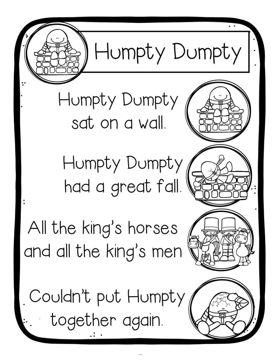 Black-and-white Humpty Dumpty rhyme chart with the four lines of the rhyme and outline picture cues students can color