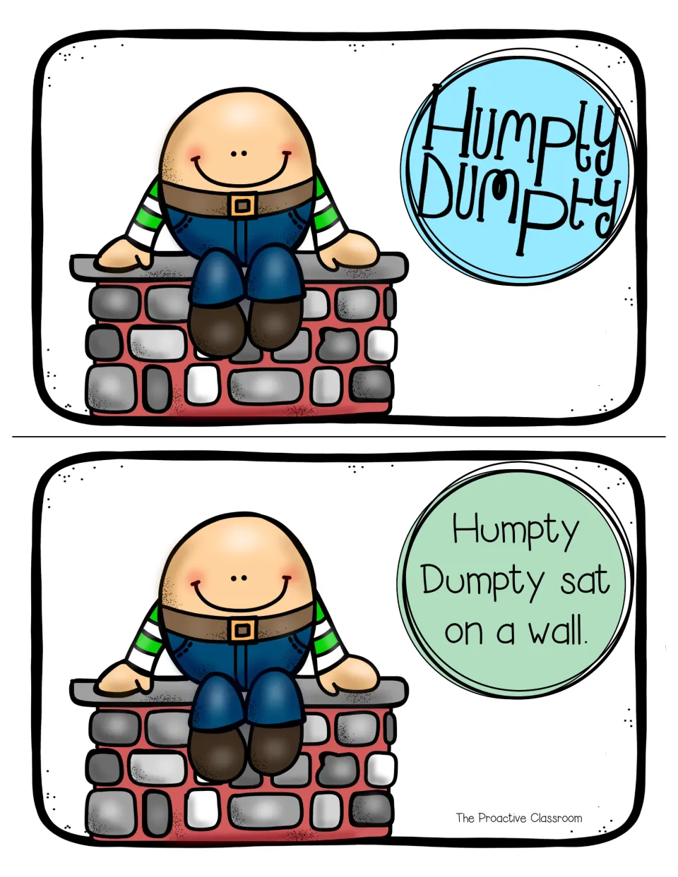 Color mini book pages: the Humpty Dumpty title page and 'Humpty Dumpty sat on a wall' with Humpty smiling on a brick wall