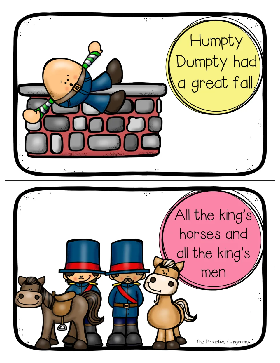 Color mini book pages: 'Humpty Dumpty had a great fall' and 'All the king's horses and all the king's men' with soldiers