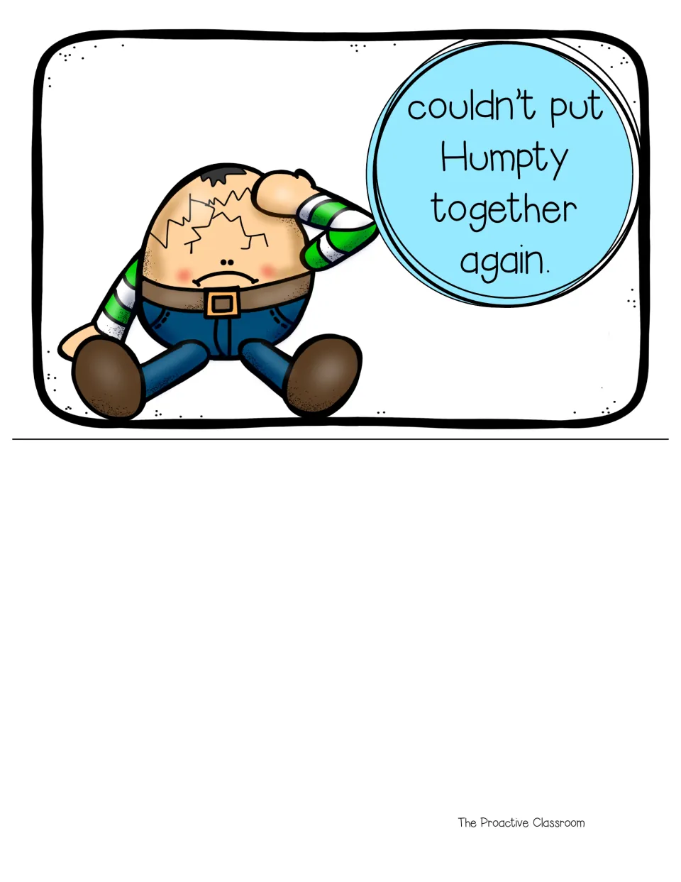 Color mini book final page: 'couldn't put Humpty together again' with a cracked, sad Humpty sitting on the ground