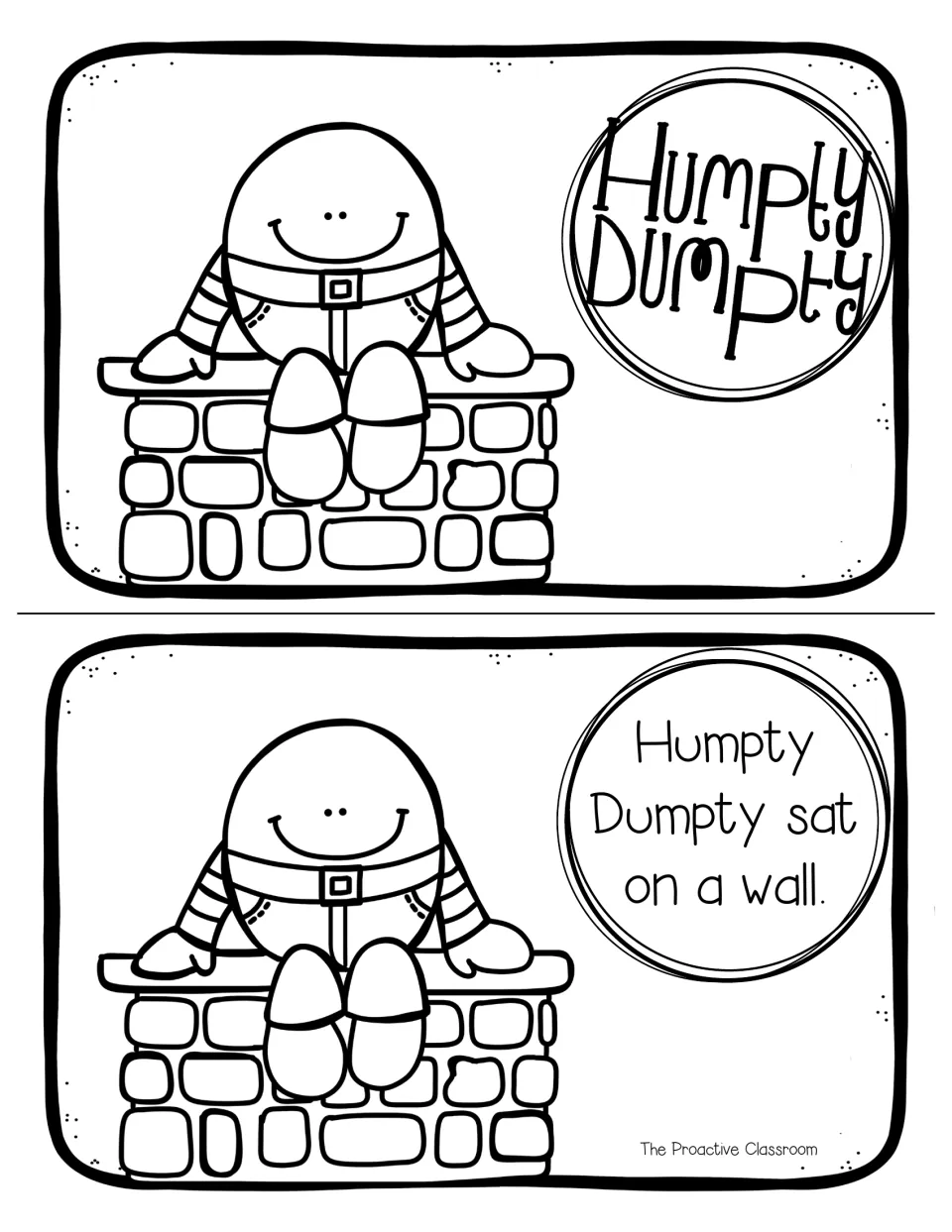 Coloring mini book pages in black line: title page and 'Humpty Dumpty sat on a wall' for students to color and sequence