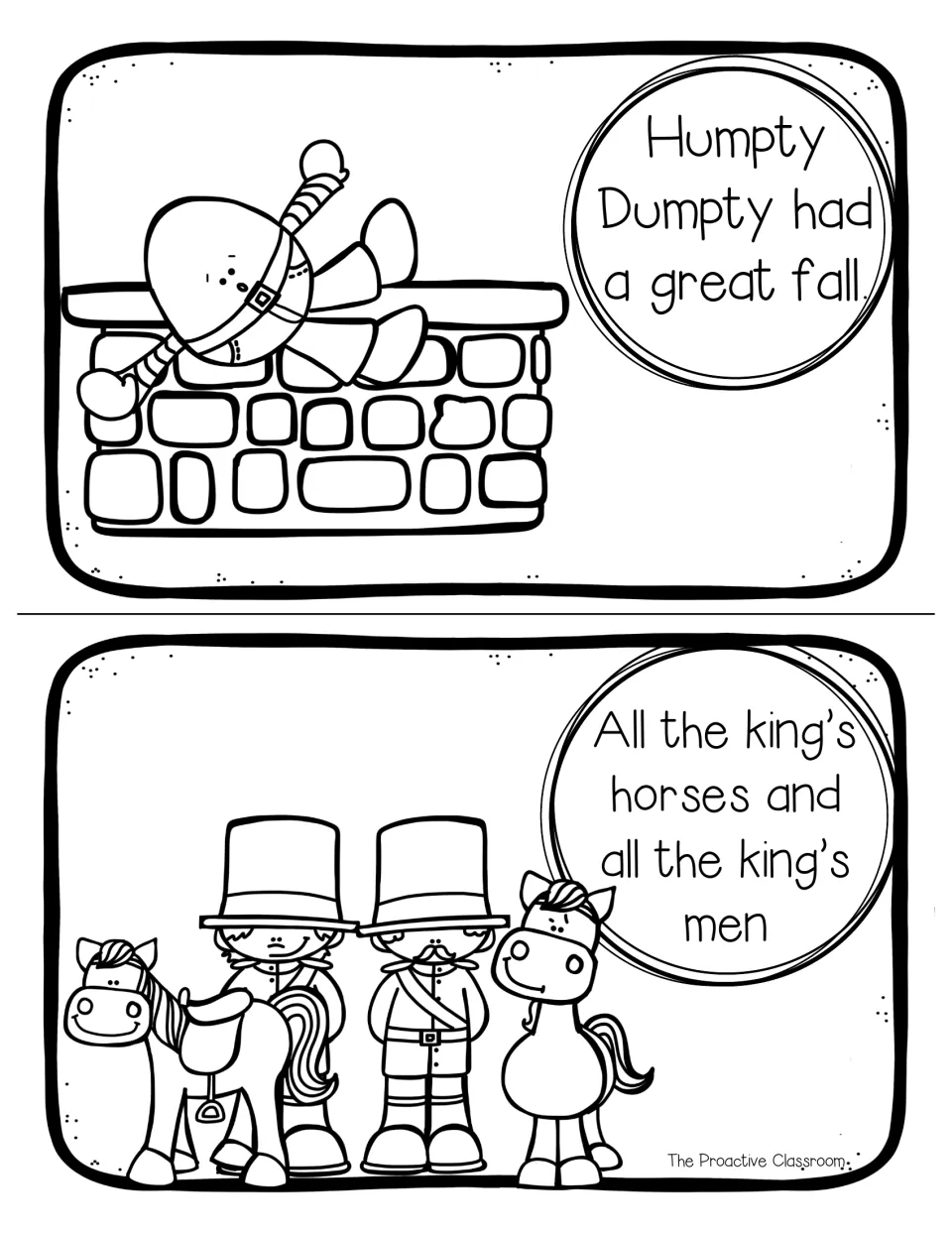 Coloring mini book pages in black line: Humpty's great fall and the king's horses and men, for coloring and ordering