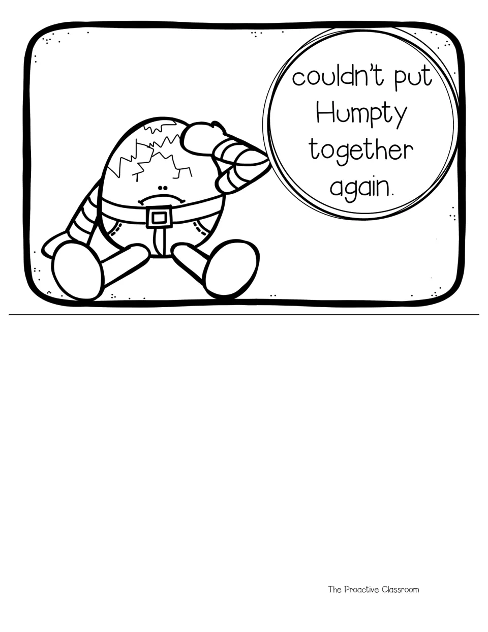 Coloring mini book last page in black line: 'couldn't put Humpty together again' showing cracked Humpty to color