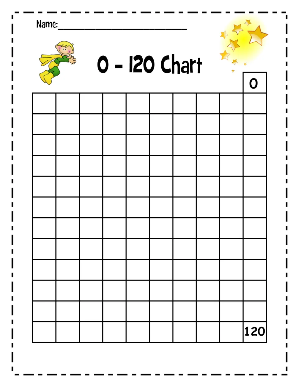 Number chart practice from 0 to 120, with 0 and 120 supplied and missing numbers to fill in between them.
