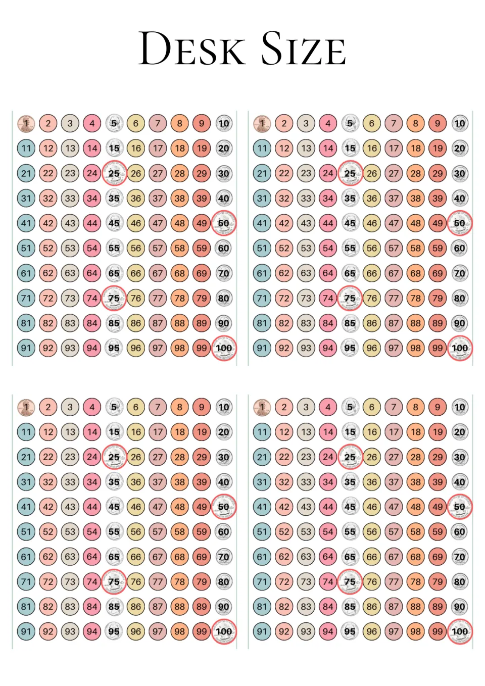 Four desk-size copies of the money hundreds chart, each showing numbers 1–100 and coins at counting landmarks