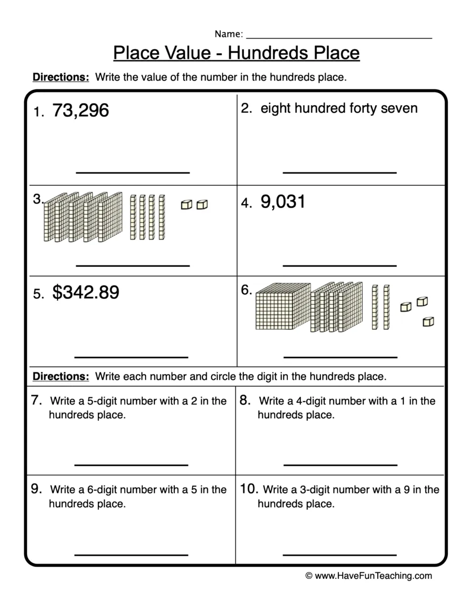 Hundreds place value: students name the hundreds value in numerals, words, money and base-ten blocks, then write numbers
