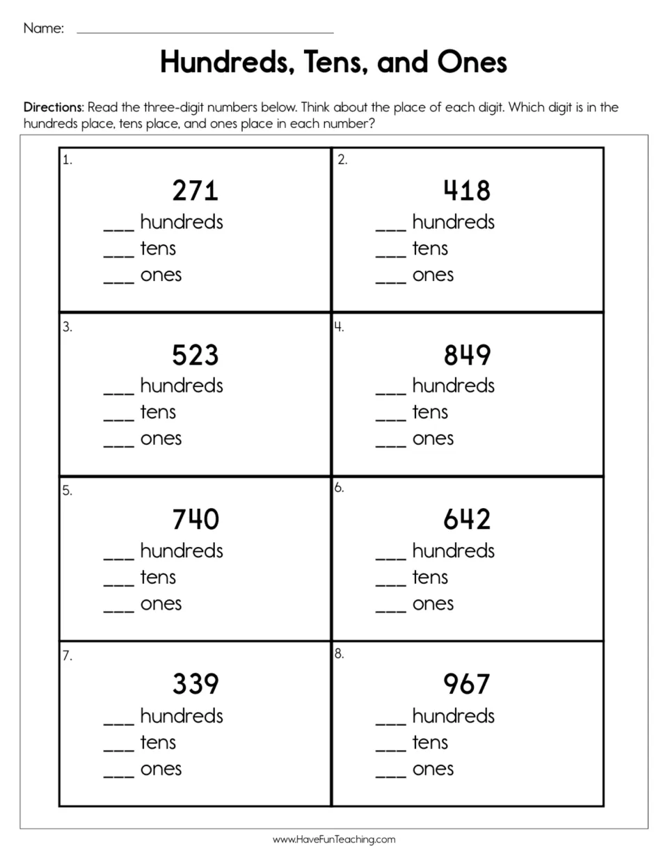 Place value practice: students write the hundreds, tens and ones digits for eight three-digit numbers, such as 271 and 967