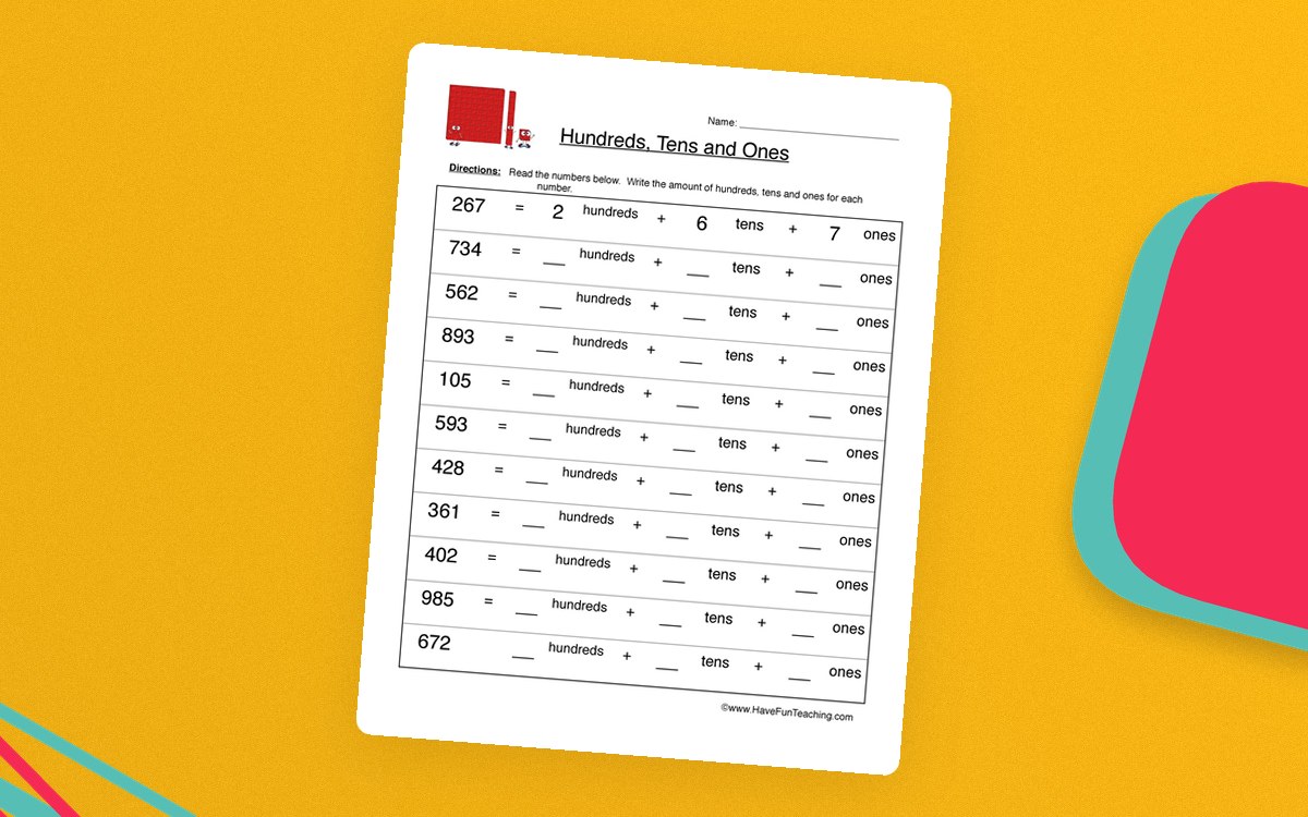 Hundreds Tens Ones Worksheet preview: One modeled hundreds-tens-ones decomposition