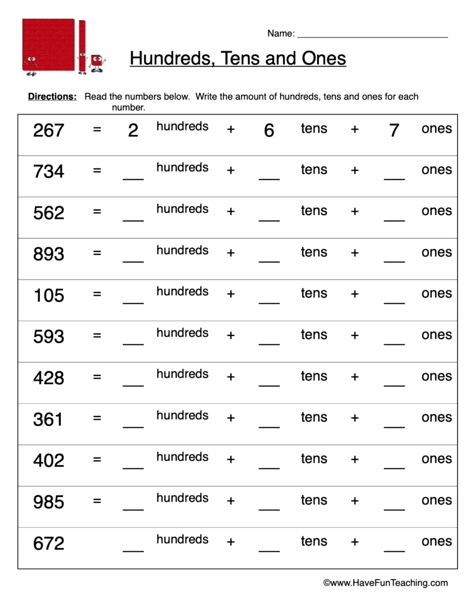 Place value practice: students write the hundreds, tens and ones in 10 three-digit numbers, following a worked 267 example