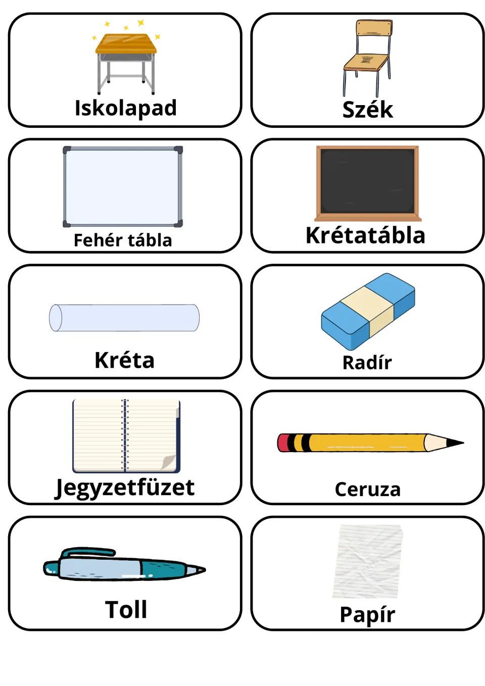 Hungarian classroom objects: 10 picture cards for words like Iskolapad (desk), Szék (chair), Kréta, Radír and Ceruza
