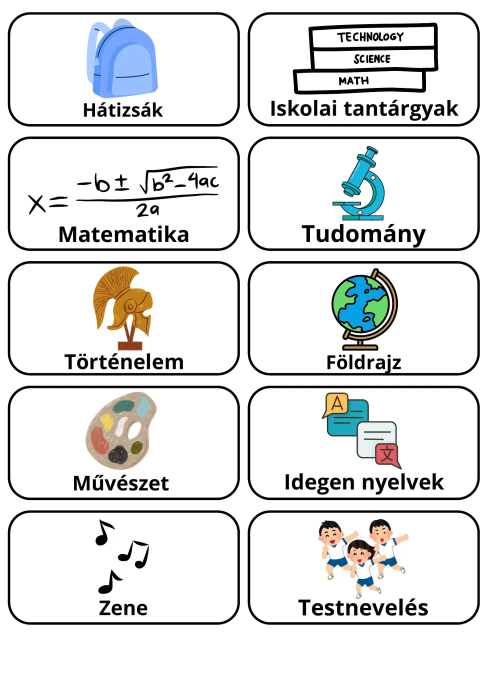 Hungarian school subjects: 10 picture cards for words like Matematika, Tudomány, Történelem, Földrajz, Zene and Művészet