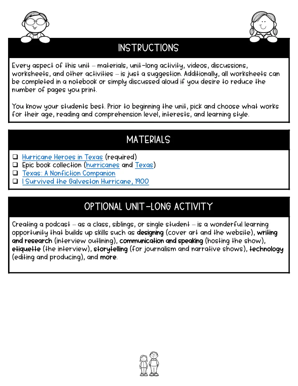 Unit instructions explain flexible worksheet use, list reading materials, and suggest a podcast project