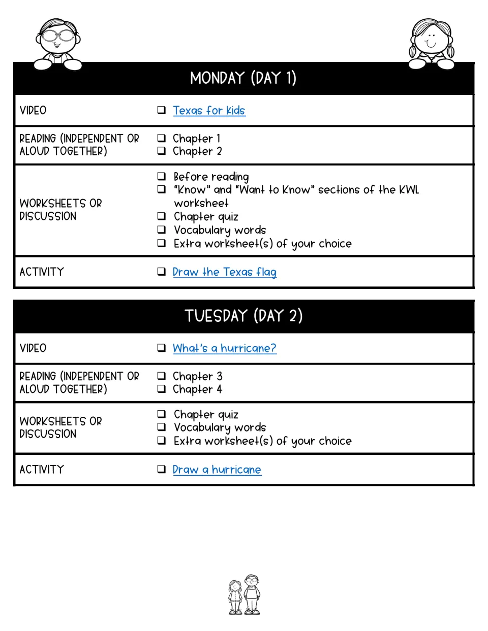 Days 1–2 lesson plans assign chapters 1–4, Texas and hurricane videos, quizzes, vocabulary, and drawing