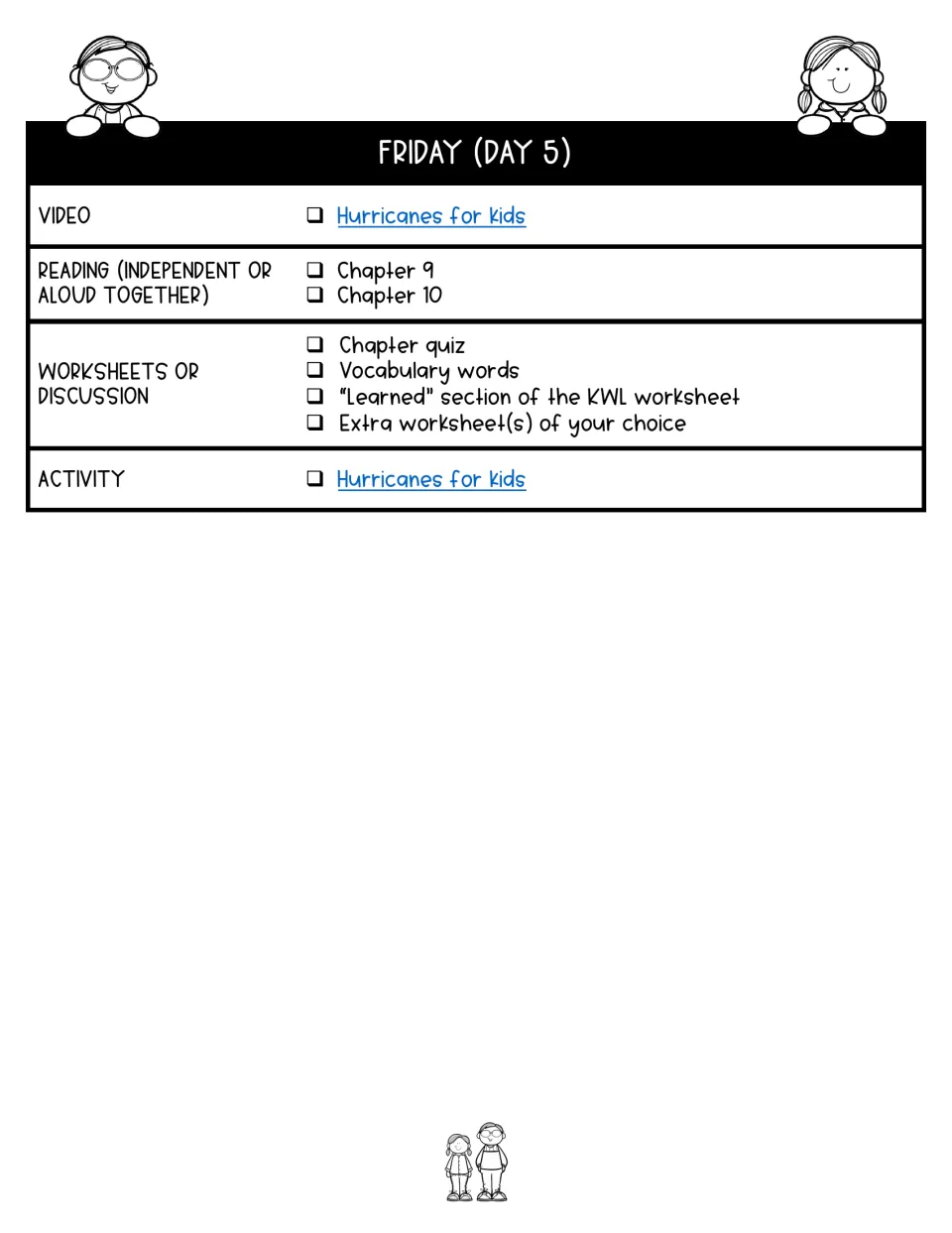 Day 5 lesson plan assigns chapters 9–10, a hurricane video, quiz, vocabulary, and the KWL Learned section