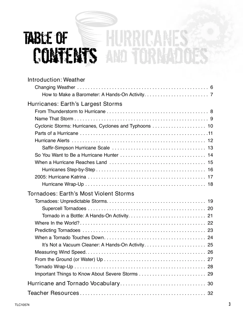 Table of contents for the science unit, listing weather, hurricane and tornado lessons, vocabulary, and resources