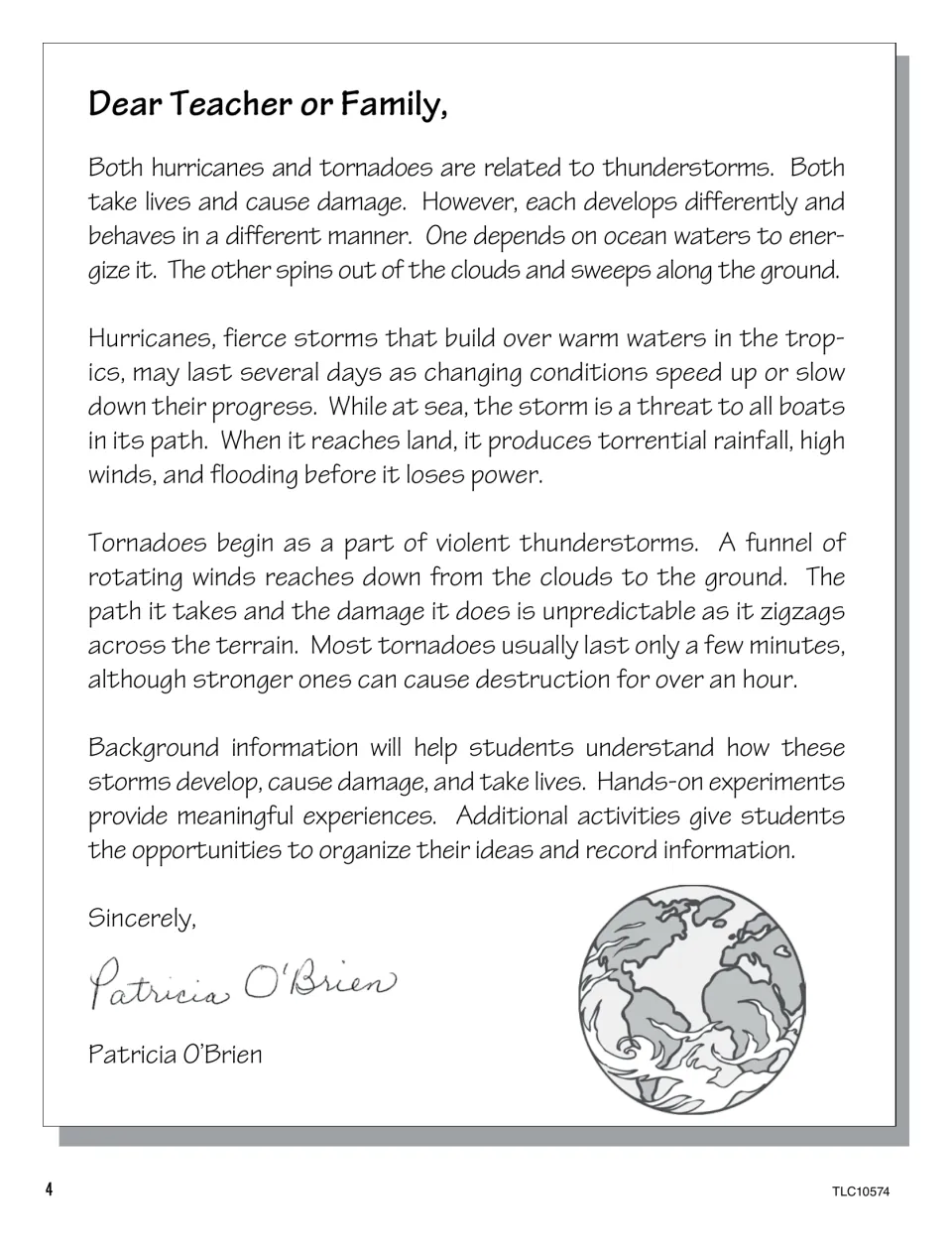 Teacher and family introduction comparing hurricanes and tornadoes and explaining the unit’s experiments and activities