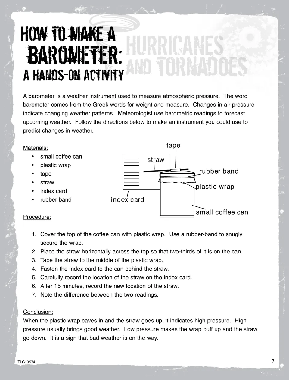 Barometer activity with a materials list, seven steps, a labeled coffee can diagram, and pressure interpretations
