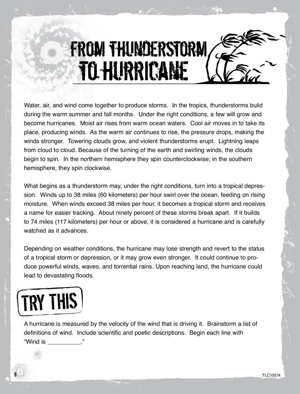Hurricane formation reading tracing thunderstorms to tropical storms and hurricanes, plus a wind writing prompt