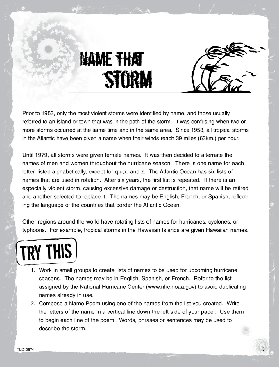 Storm naming lesson explaining rotating name lists and retired names, with name-list and acrostic poem activities