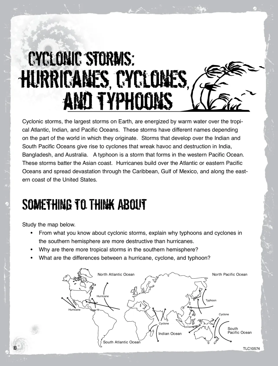 Cyclonic storms reading comparing regional storm names, with a world map and three questions about tropical storms