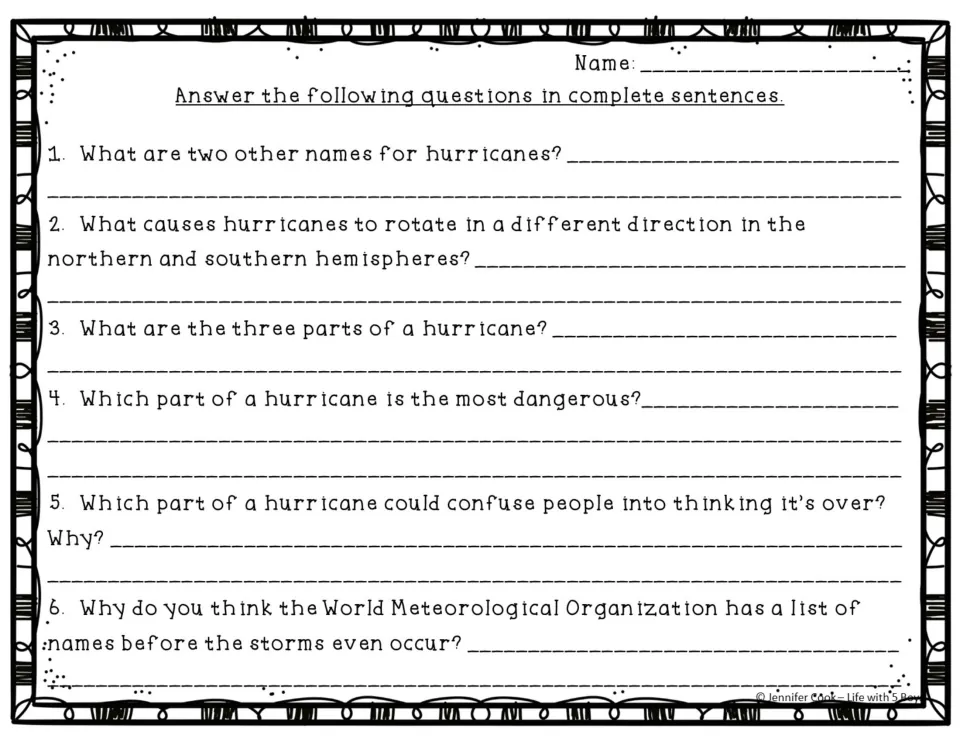 Six hurricane comprehension questions about other names, rotation, storm parts, danger, and naming